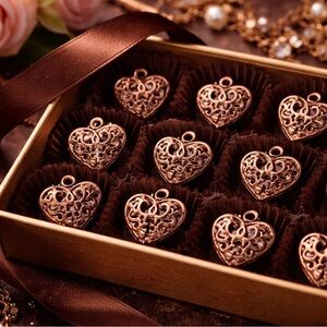 B122: Brass Filigree Heart Charms – Set of 10, Valentines Jewelry Findings